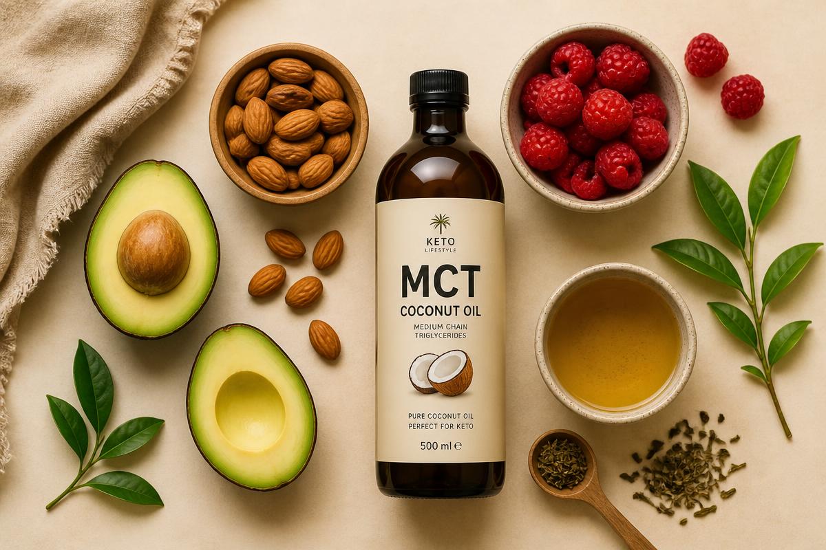 Keto ingredients including avocado, almonds, MCT coconut oil, raspberries and green tea leaves