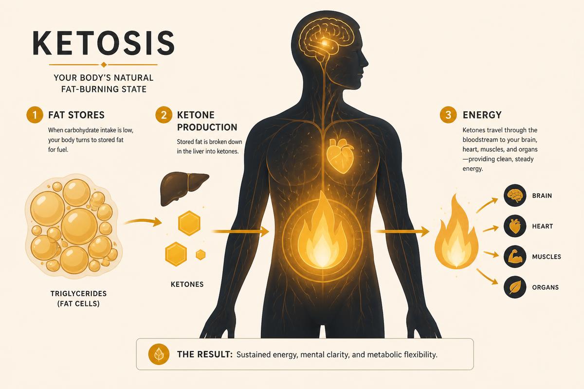 Diagram showing how stored fat converts to ketones in the liver and fuels the brain, heart and muscles